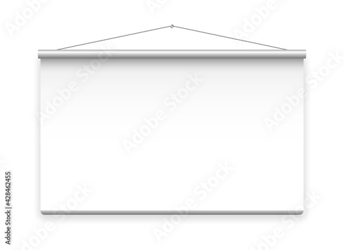 Hanging projection screen. Realistic presentation board. Blank screen for projector. Empty whiteboard for conference. Space for your text and design advertising. Vector illustration.
