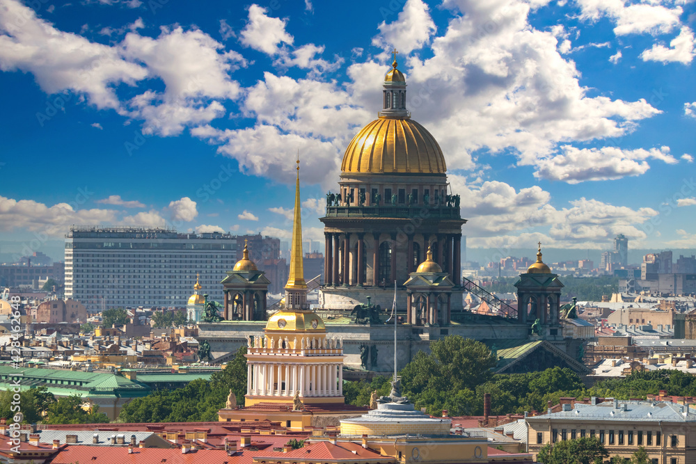 Cathedrals of Saint Petersburg. Museums of Russia. Dome of St. Isaac's Cathedral on background sky. Excursions to Museums of Saint Petersburg. Tour of Rossis. Petersburg view from a quadrocopter.