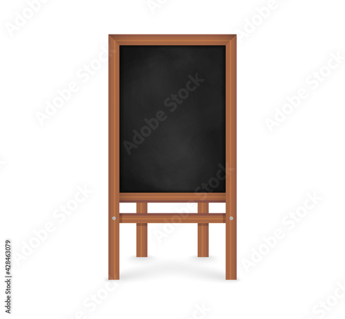 Realistic menu blackboard with wooden frame. Notice board on wood framework. Space for advertising restaurant and cafe menu. Vector illustration.