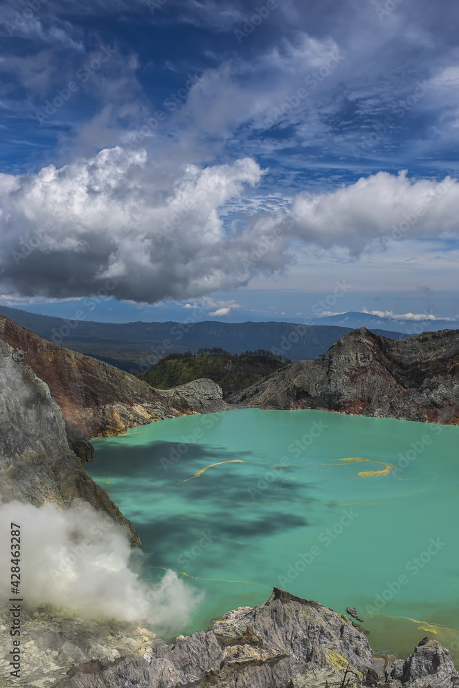 Ijen Crater or Kawah Ijen is a volcanic tourism attraction in Indonesia, East Java. Ijen Crater or Kawah Ijen is a volcanic tourism attraction in Indonesia, East Java.