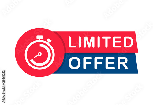 Limited offer banner with timer. Last offer label. Countdown of time for special offer. Promo sticker and stopwatch. Banner for sale promotion. Vector illustration.