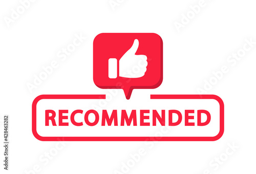 Recommend icon with thumbs up. Label recommended for quality control. Recommendation tag. Modern recommend badge. Vector illustration.