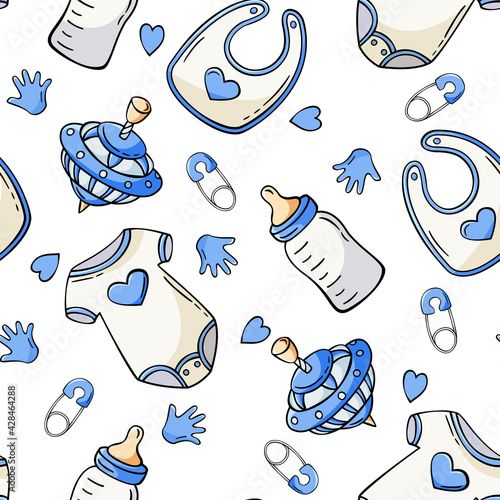Hand drawn seamless pattern with baby bodysuit, milk bottle, peg-top, safety pin, baby bib in doodle sketch style. Baby element pattern. Vector illustration for wallpaper, background, textile design.