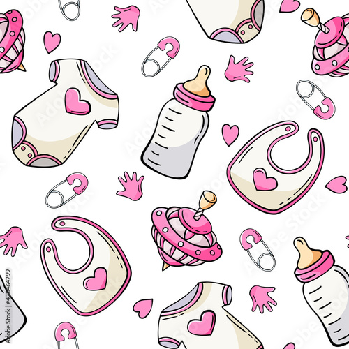 Hand drawn seamless pattern with baby bodysuit, milk bottle, peg-top, safety pin, baby bib in doodle sketch style. Baby element pattern. Vector illustration for wallpaper, background, textile design.