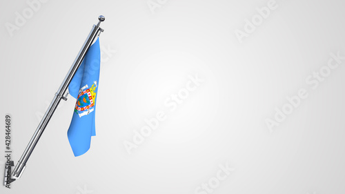 Melilla 3D rendered waving flag illustration on a realistic metal flagpole. Isolated on white background with space on the right side.