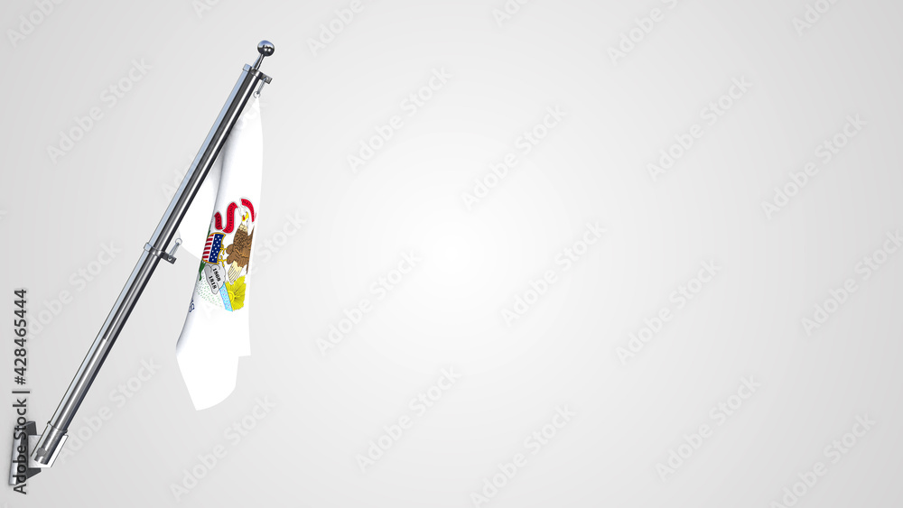 Illinois 3D rendered waving flag illustration on a realistic metal flagpole. Isolated on white background with space on the right side. Illinois 3D rendered waving flag illustration on a realistic metal flagpole. Isolated on white background with space on the right side.