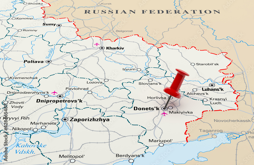 Map showing Donetsk, Ukraine with a Red Pin. 3D Rendering