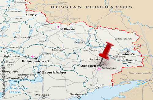 Map showing Donetsk, Ukraine with a Red Pin. 3D Rendering photo