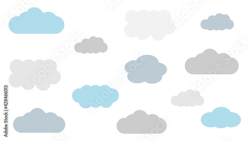 Collection of blue clouds for web. Set of illustrations. White sky of weather. Vector bubble icons. Air forecast background with symbols. Summer forecast. Isolated cartoon elements and climate design