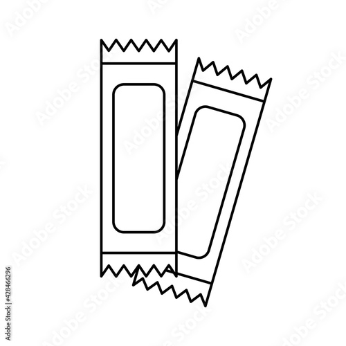 Sachet outline icon. Packet soluble powder symbol. Cosmetic sample. Packet of sugar, coffee, salt, sauce, creamer or medicine. Vector illustration isolated on white background.