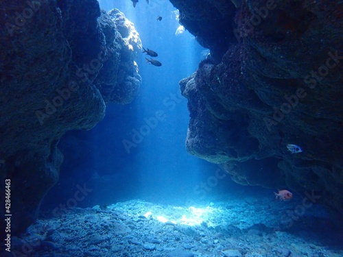 沖縄青の洞窟と射し込む夏の光
Okinawa's blue cave photo