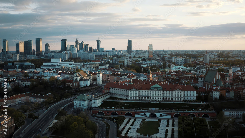 Aerial view of Warsaw current urban landscape on bank of Vistula during sunset. High quality photo