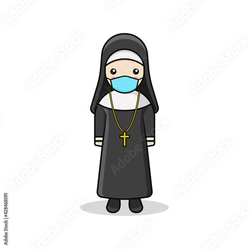Kawaii illustration nun wearing medical face mask vector graphics