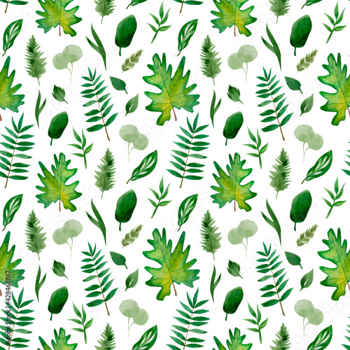 Seamless watercolor floral pattern - green leaves and branches composition on white background, perfect for wrappers, wallpapers, postcards, greeting cards, wedding invitations, romantic events