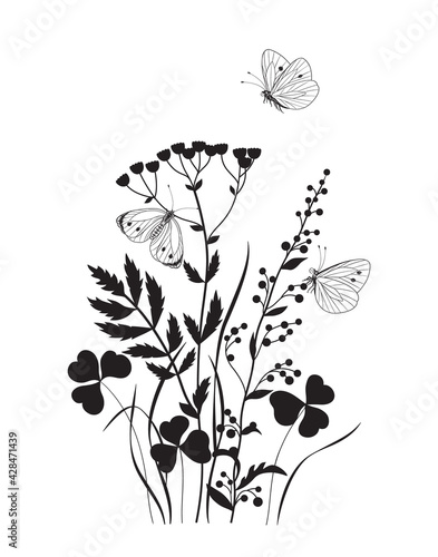 Monochrome Composition with  Butterflies and Wildflowers
