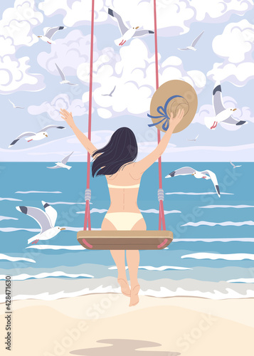 Young Woman on a Swing at the Sea Coast
