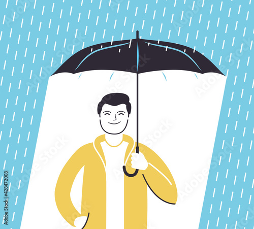 Man with umbrella and rain in flat style. Business concept vector illustration