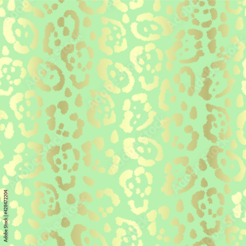Gold leopard ornament on green and blue background, pastel shade of mint color. Print, fashion pattern in vector graphics. Abstract Wallpaper, fabric, pattern.