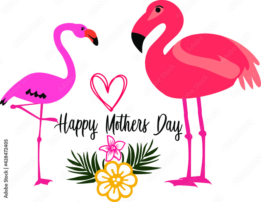 Obraz premium Happy Mother's Day two flamingo on white background. Vector.