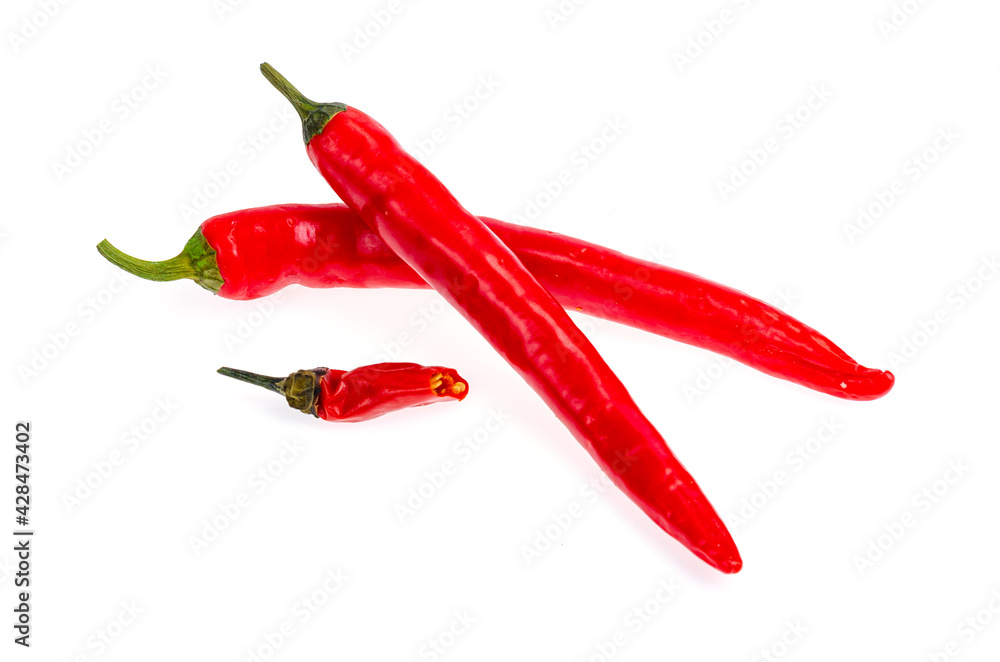 Two red hot chilli peppers isolated on white background.