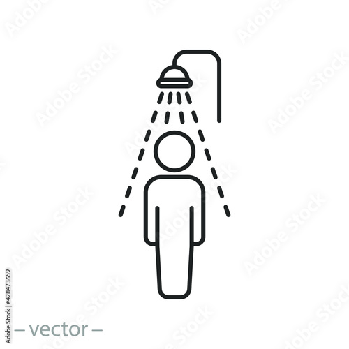 man in shower icon, bath room, bathing hot water, person with douche, thin line web sign on white background - editable stroke vector illustration eps10