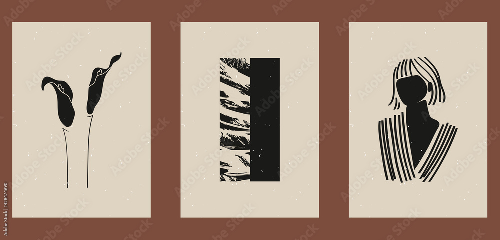 Set of three abstract minimalist aesthetic backgrounds with thin lines, floral patterns, plants, woman. Trendy colorful vector illustration for social networks, web design in vintage boho style. Set of three abstract minimalist aesthetic backgrounds with thin lines, floral patterns, plants, woman. Trendy colorful vector illustration for social networks, web design in vintage boho style.