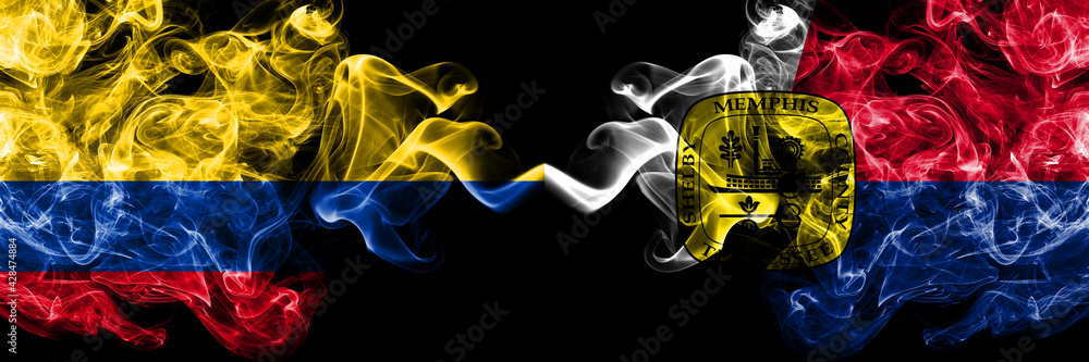 Colombia, Colombian vs United States of America, America, US, USA, American, Memphis, Tennessee smoky mystic flags placed side by side. Thick colored silky abstract smokes flags.