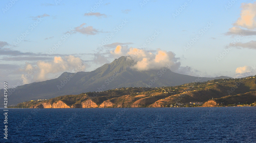 View of Mount Pelée on Island of Martinique at Sunset
