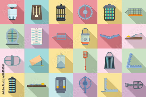 Animal trap icons set, flat style