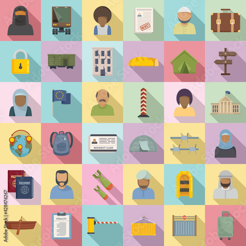 Illegal immigrants icons set, flat style
