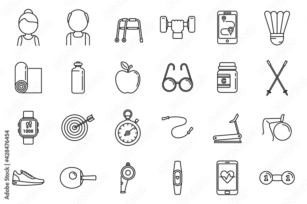 Workout seniors activity icons set, outline style Workout seniors activity icons set, outline style