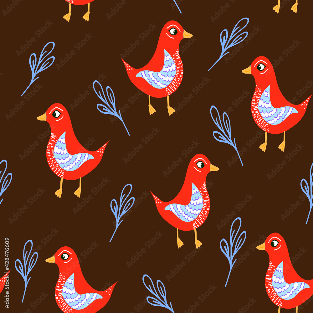 Seamless pattern with bright red birds on brown background,abstract duck in flat style,illustration for wallpaper,wrapping, cover design,print on textile and fabric,colorful spring print Seamless pattern with bright red birds on brown background,abstract duck in flat style,illustration for wallpaper,wrapping, cover design,print on textile and fabric,colorful spring print