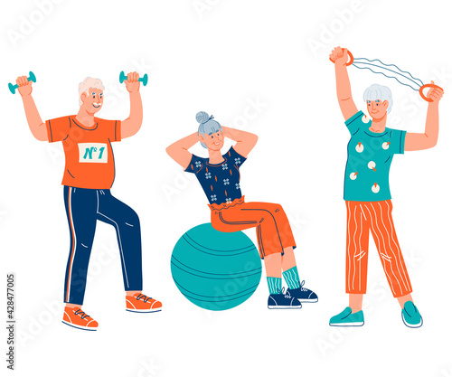 Group of elderly people keep fit through gymnastic exercises, cartoon flat vector illustration isolated on white background. Senior retirement age people cartoon characters   doing sports.