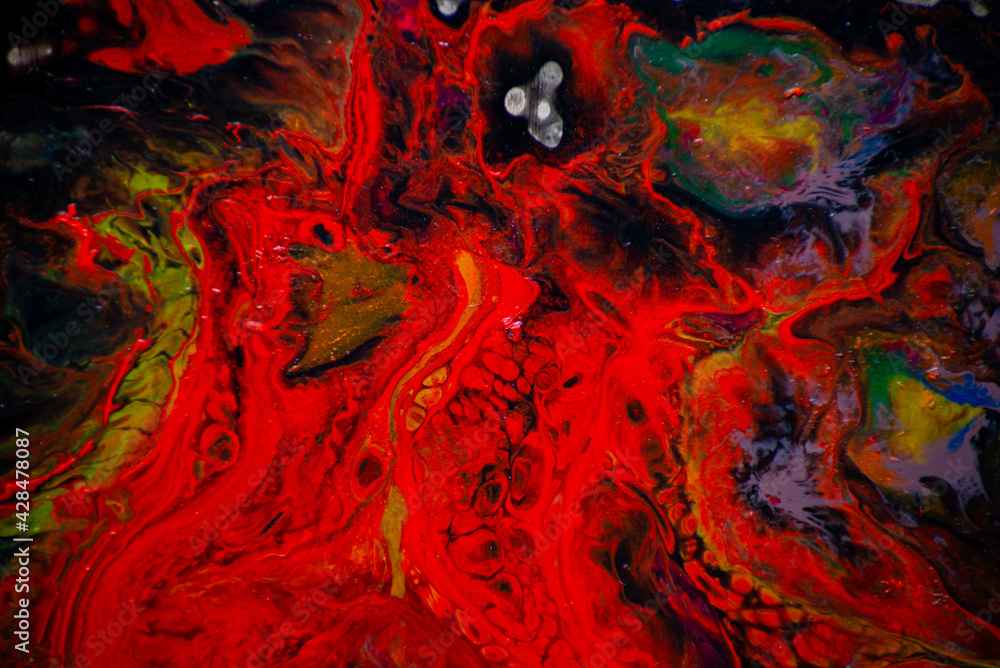 Texture in the style of fluid art. Abstract background with swirling paint effect. Liquid acrylic paint background. Red, black and yellow colors. Texture in the style of fluid art. Abstract background with swirling paint effect. Liquid acrylic paint background. Red, black and yellow colors.