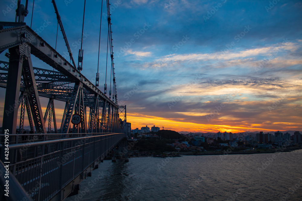 sunset over the bridge city Florianopolis, Ponte Hercílio Luz, Florianópolis, Santa Catarina, Brazil