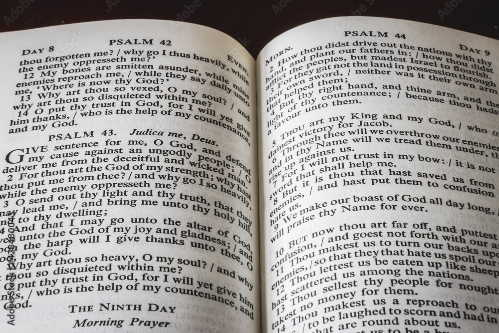 Simple close up image of a bible open to psalms 42 and 43 Simple close up image of a bible open to psalms 42 and 43