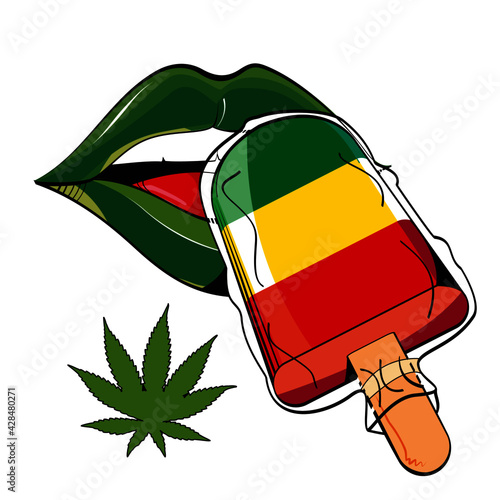 vector illustration of female lips trying ice cream sticks with the colors green, yellow and red. Design for t-shirts and stickers of the cannabis culture.
