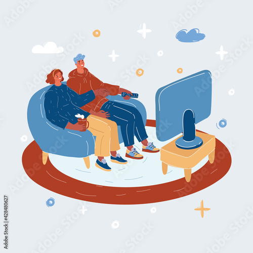 Vector illustration of Couple at home sitting on sofa and watching tv.