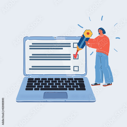 Vector illustration of Busy student is being tested and learning with laptop on white backround.
