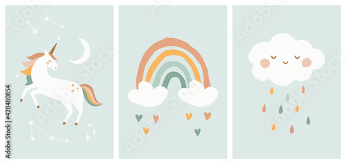 Scandinavian Style Kids Room Decoration. Cute Hand Drawn Unicorn, Rainbow and Cloud. Nursery Wall Art for Baby Boy And Baby Girl. Vector Illustration Set Ideal for Cards, Invitations, Posters.