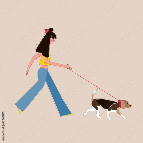 a beautiful young girl in sunglasses walks with a beagle dog. Cartoon cute vector flat illustration