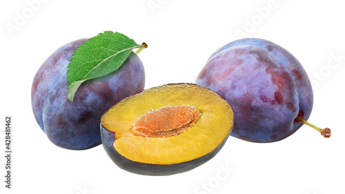 Plums with leaf isolated on white background  with clipping path