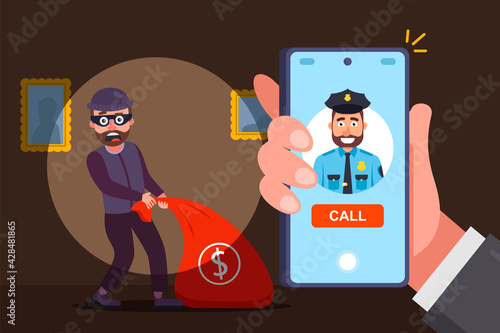 catch an apartment robber by surprise. call the police and report the crime. flat vector illustration.
