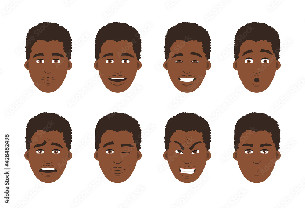 Front view Set of African-American men's heads with different face expressions Smiling, laughing, surprised, curious, scared, worried, angry, mad, relaxed. Front view Set of African-American men's heads with different face expressions Smiling, laughing, surprised, curious, scared, worried, angry, mad, relaxed.