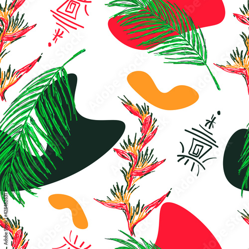 Tropical leaves and flowers. Seamless pattern for design of fabric or wrapping paper.Tropical motives.