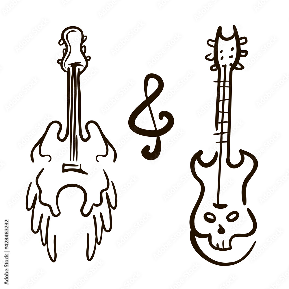 Fototapeta premium Guitars, line art illustration angel and devil concept. Cartoon vector clip art