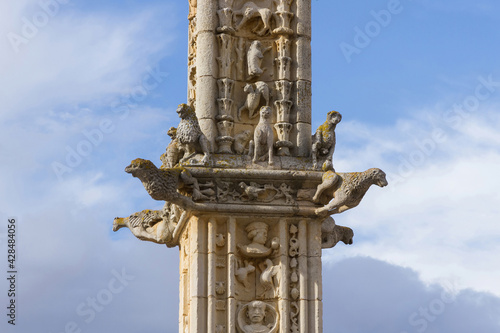 Detalle de gárgolas en piedra con motivos animales y vegetales en el  Rollo (Monumento de caracter jurisdiccional, Gótico - Siglo XVI ) en  Villalon de Campos - Valladolid España photo