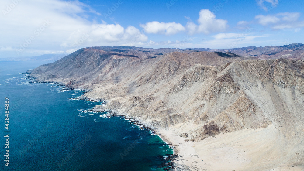 Pan de Azucar National Park, aerial view. The Pacific, after crossing the Atacama Desert in Chile. Chilean Beach.