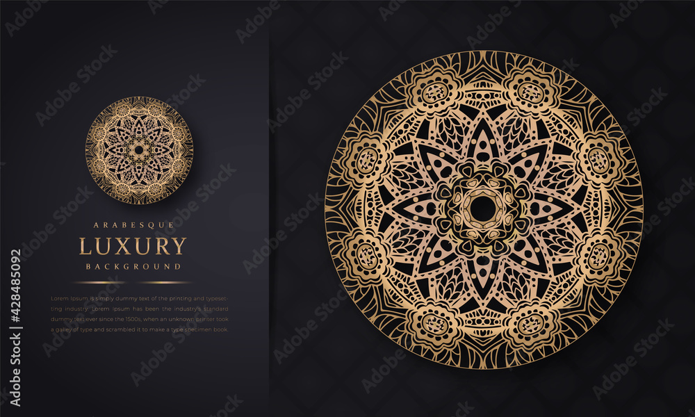 luxury ornamental mandala design background in gold color, arabesque pattern arabic islamic east style for Wedding card, Luxury ornamental mandala design background with golden arabesque