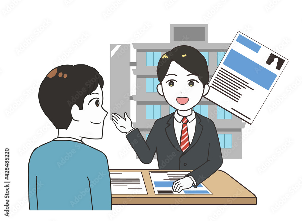 仕事探しをする男性 受付の男性き 仕事探しをする男性 受付の男性き